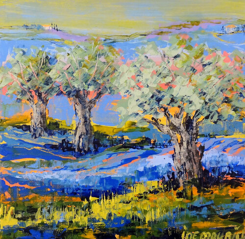 Purple fields - (Framed) di Inelouise Mourick, Pittura in vendita su Singulart