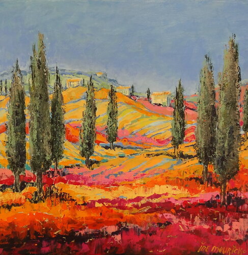 Cypresses in colorful fields (Framed) van Inelouise Mourick, Schilderij te koop op Singulart