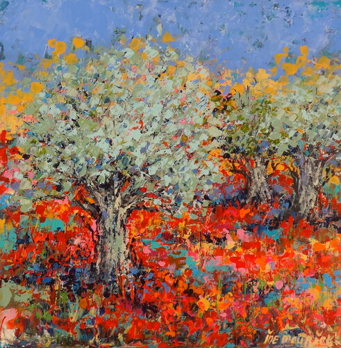 Olive trees in a field of poppies (Framed) van Inelouise Mourick, Schilderij te koop op Singulart