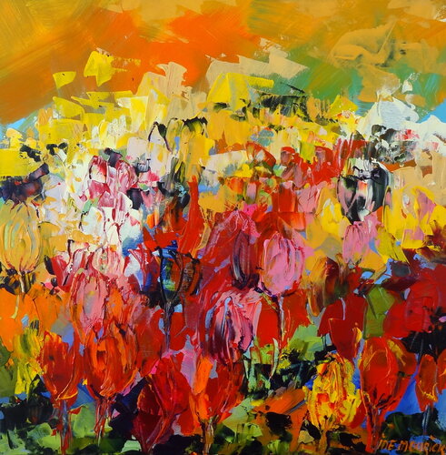 Field with tulips (Framed) de Inelouise Mourick, Pintura a la venta en Singulart