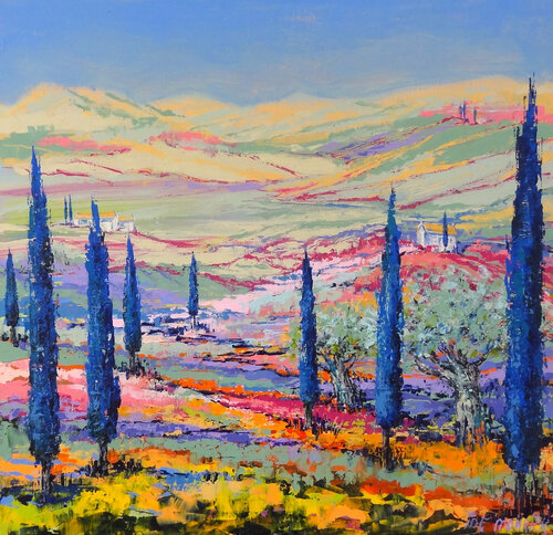 Blue cypresses (Framed) von Inelouise Mourick, Malerei kaufen auf Singulart