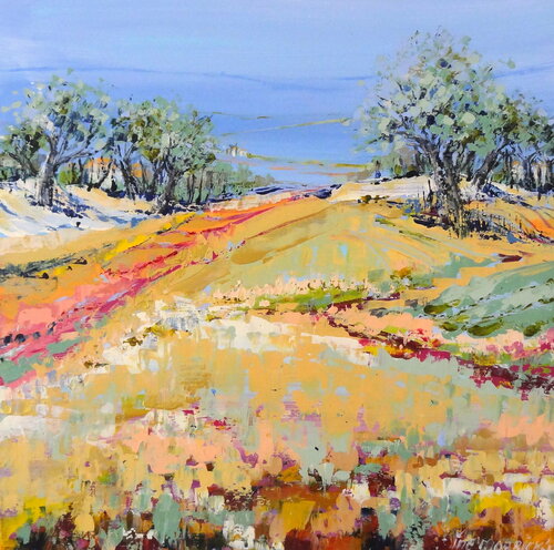 With a view of blue hills (Framed) di Inelouise Mourick, Pittura in vendita su Singulart