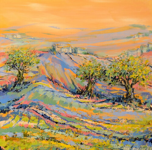 Orange sky, blue hills di Inelouise Mourick, Pittura in vendita su Singulart