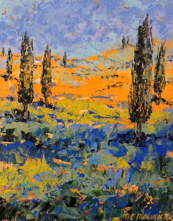 Cypress trees in a field of cornflowers Inelouise Mourick