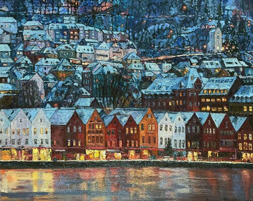 Winter twilight in Bergen. di Nadezda Stupina, Pittura in vendita su Singulart