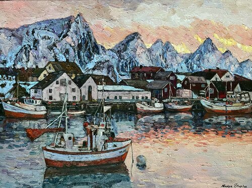 North.Winter sunset di Nadezda Stupina, Pittura in vendita su Singulart
