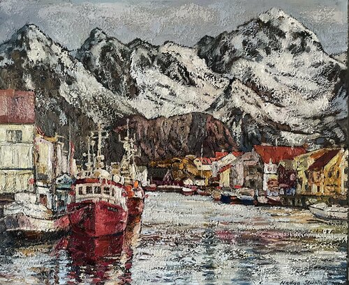 North. Red boats Henningsvær di Nadezda Stupina, Pittura in vendita su Singulart