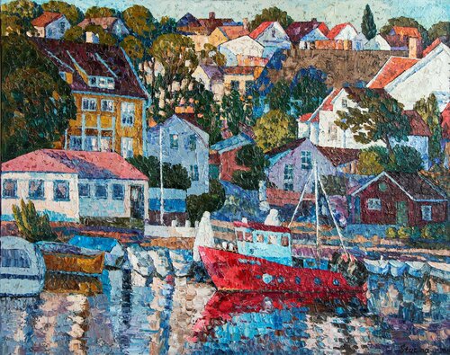 City near by see (Drøbak) di Nadezda Stupina, Pittura in vendita su Singulart