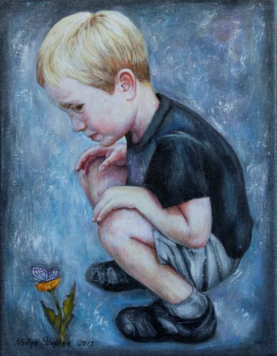 Denim serie.From the life of Bastian.Butterfly di Nadezda Stupina, Pittura in vendita su Singulart