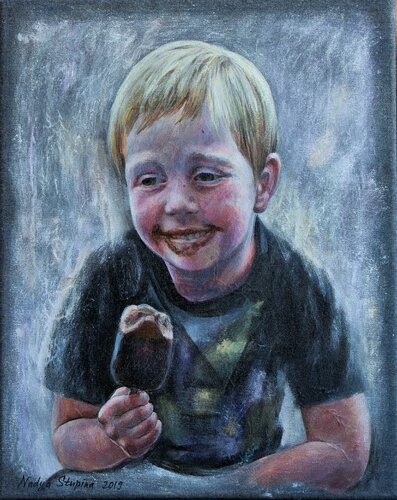 Denim serie.From the life of Bastian.Ice cream. di Nadezda Stupina, Pittura in vendita su Singulart