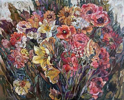 Flowers composition in warm colors par Nadezda Stupina, Peinture en vente sur Singulart
