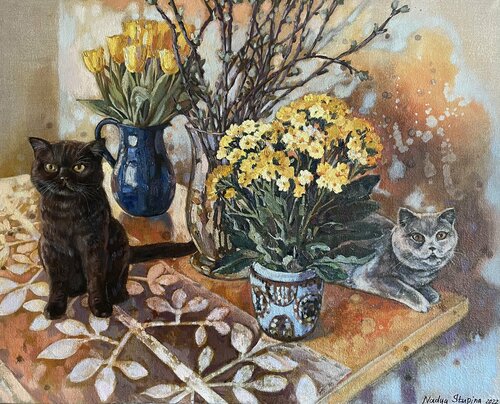 Still Life with cats di Nadezda Stupina, Pittura in vendita su Singulart