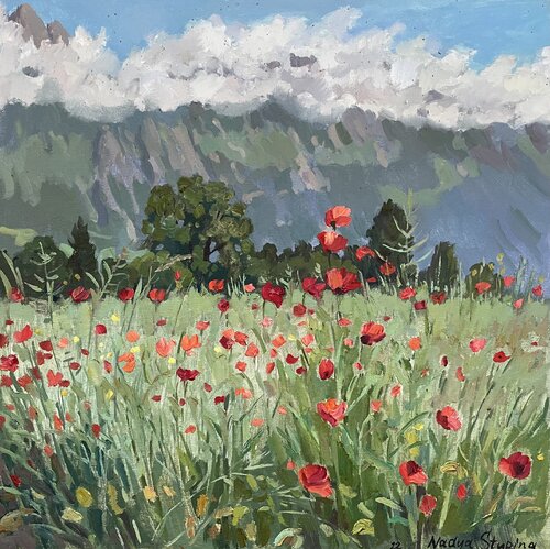 Poppy field in Gams par Nadezda Stupina, Peinture en vente sur Singulart
