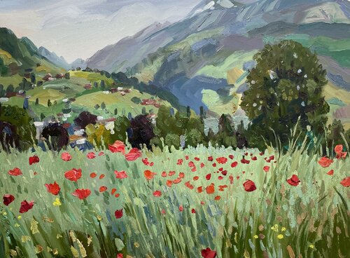 Poppies of the Alpine valley de Nadezda Stupina, Obra en papel a la venta en Singulart