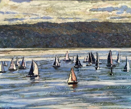 Evening regatta on the Oslofjord. van Nadezda Stupina, Schilderij te koop op Singulart