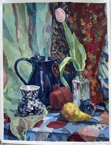 Still life with pink tulip di Nadezda Stupina, Pittura in vendita su Singulart