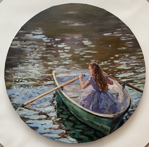Summer stories. Girl in a green boat. par Nadezda Stupina, Peinture en vente sur Singulart