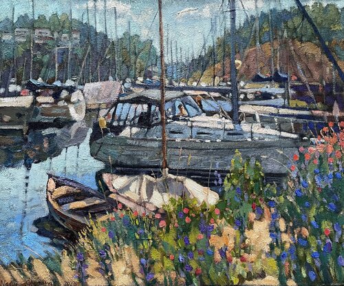 Boats on the pier von Nadezda Stupina, Malerei kaufen auf Singulart