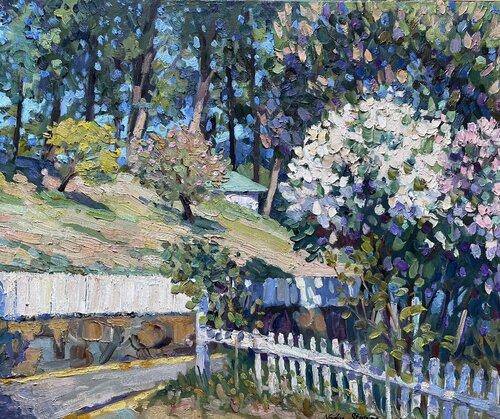 Landscape with blooming lilac di Nadezda Stupina, Pittura in vendita su Singulart