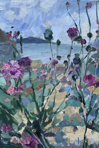 Flowers  on the beach von Nadezda Stupina, Malerei kaufen auf Singulart