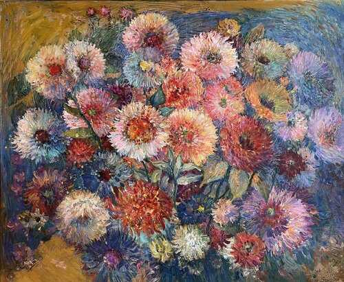Asters and dahlia di Nadezda Stupina, Pittura in vendita su Singulart