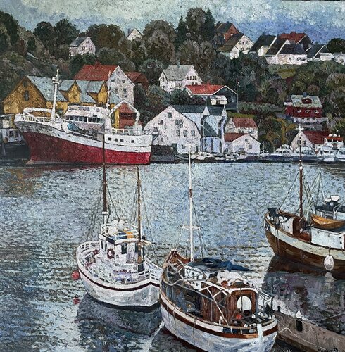 In the harbour of Kristiansund par Nadezda Stupina, Peinture en vente sur Singulart