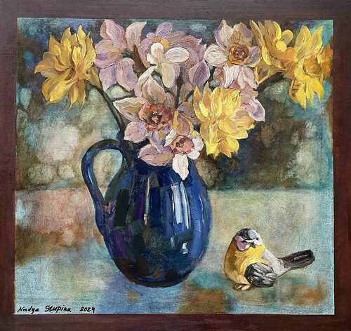Daffodils In a blue vase by Nadezda Stupina, Painting for Sale on Singulart