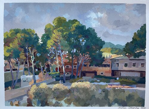 Landscape with red houses von Nadezda Stupina, Malerei kaufen auf Singulart