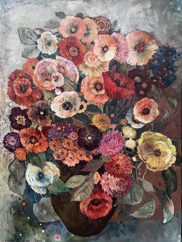 Bouquet in a brown vase par Nadezda Stupina, Peinture en vente sur Singulart