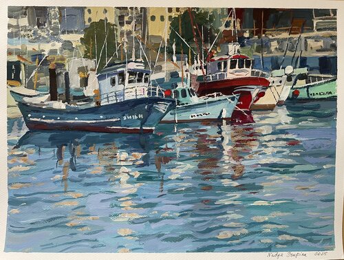 Colored boats of Arguineguin von Nadezda Stupina, Malerei kaufen auf Singulart