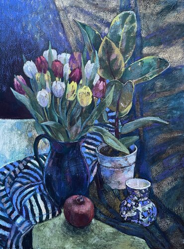 Still life with stripes draperies by Nadezda Stupina, 회화 for Sale on Singulart