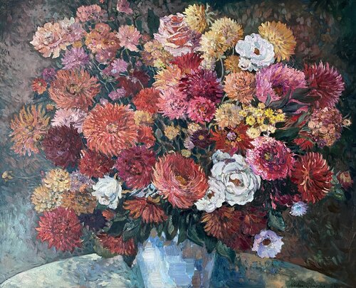 A lunsj bouquet in a white vase par Nadezda Stupina, Peinture en vente sur Singulart