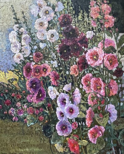 Mallow near the old house di Nadezda Stupina, Pittura in vendita su Singulart