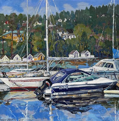 Boats in the Paddehavet par Nadezda Stupina, Peinture en vente sur Singulart