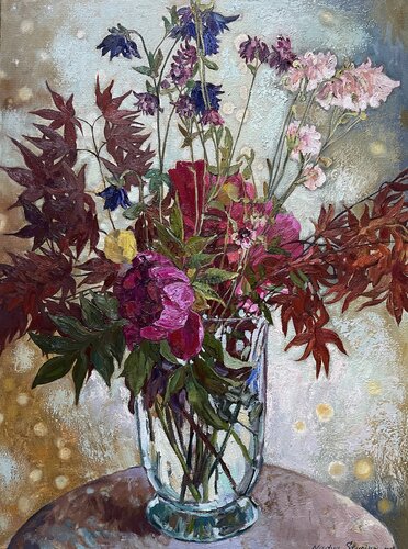 Bouquet with Japanese maple de Nadezda Stupina, Pintura a la venta en Singulart