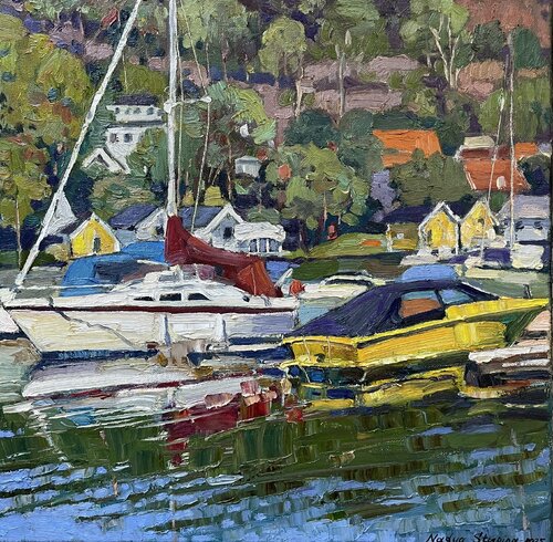 Yellow boat in Paddehavet van Nadezda Stupina, Schilderij te koop op Singulart