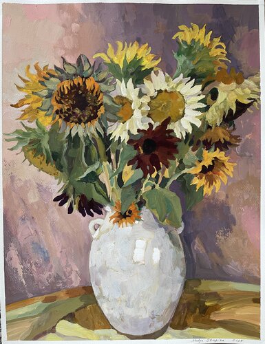 Bouquet of sunflowers in a white vase van Nadezda Stupina, Schilderij te koop op Singulart