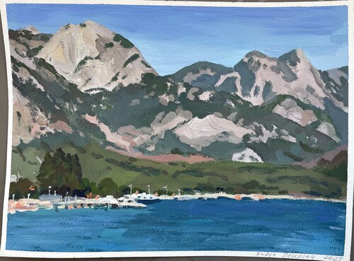 The sea at the foot of the pink mountains von Nadezda Stupina, Malerei kaufen auf Singulart