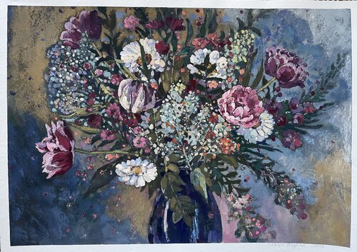 Bouquet in a blue vase di Nadezda Stupina, Pittura in vendita su Singulart