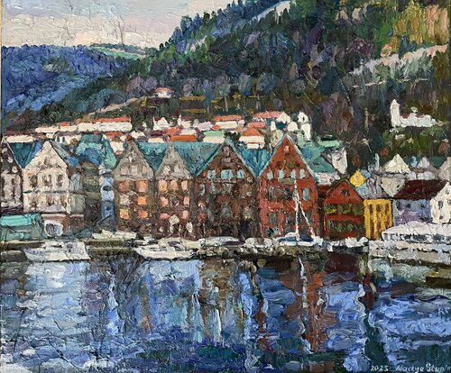 Green roofs of Bergen par Nadezda Stupina, Peinture en vente sur Singulart