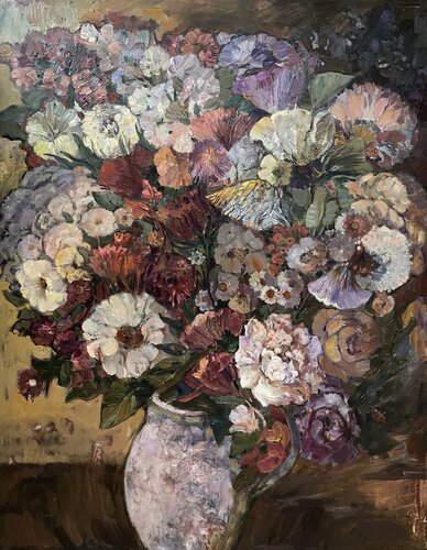 A lush bouquet in a pink vase van Nadezda Stupina, Schilderij te koop op Singulart