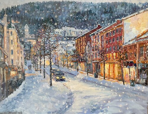 Snowy evening in Bergen by Nadezda Stupina, 회화 for Sale on Singulart