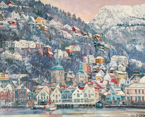 Bergen. Under the pink sky di Nadezda Stupina, Pittura in vendita su Singulart