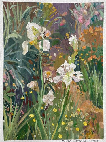 White irises in the garden van Nadezda Stupina, Schilderij te koop op Singulart