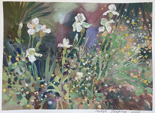 Irises in the garden de Nadezda Stupina, Pintura a la venta en Singulart