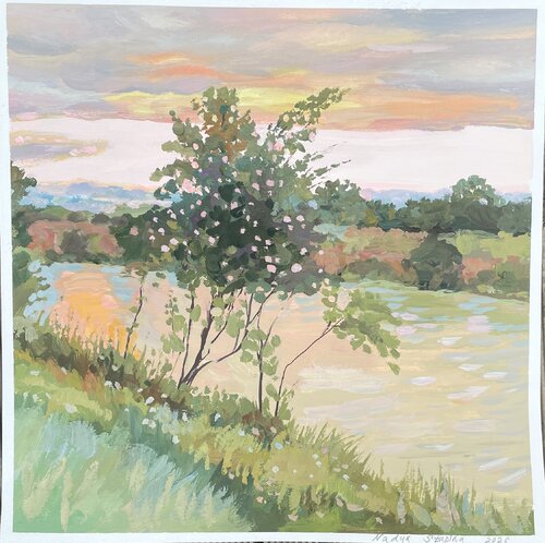 Blooming tree  along along the channel du Midi. van Nadezda Stupina, Schilderij te koop op Singulart