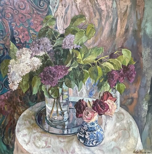 Spring still life with ornamental fabric par Nadezda Stupina, Peinture en vente sur Singulart
