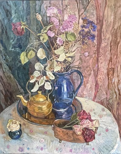 Still life with a brass teapot by Nadezda Stupina, Painting for Sale on Singulart