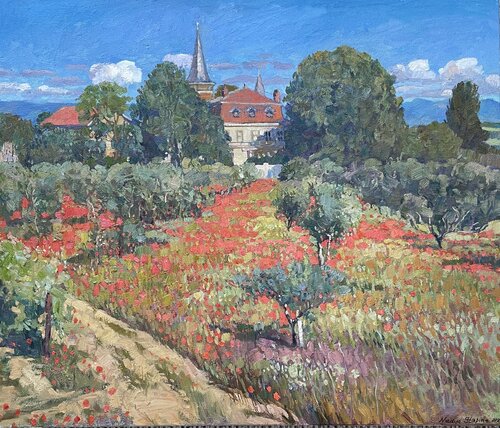 Poppy field near the old estate by Nadezda Stupina, Painting for Sale on Singulart