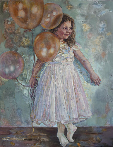 Girl with balloons di Nadezda Stupina, Pittura in vendita su Singulart